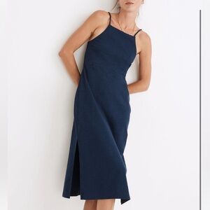 BLUE KNIT CROSSHATCH TEXTURE KNEE-LENGTH APRON CAMI DRESS